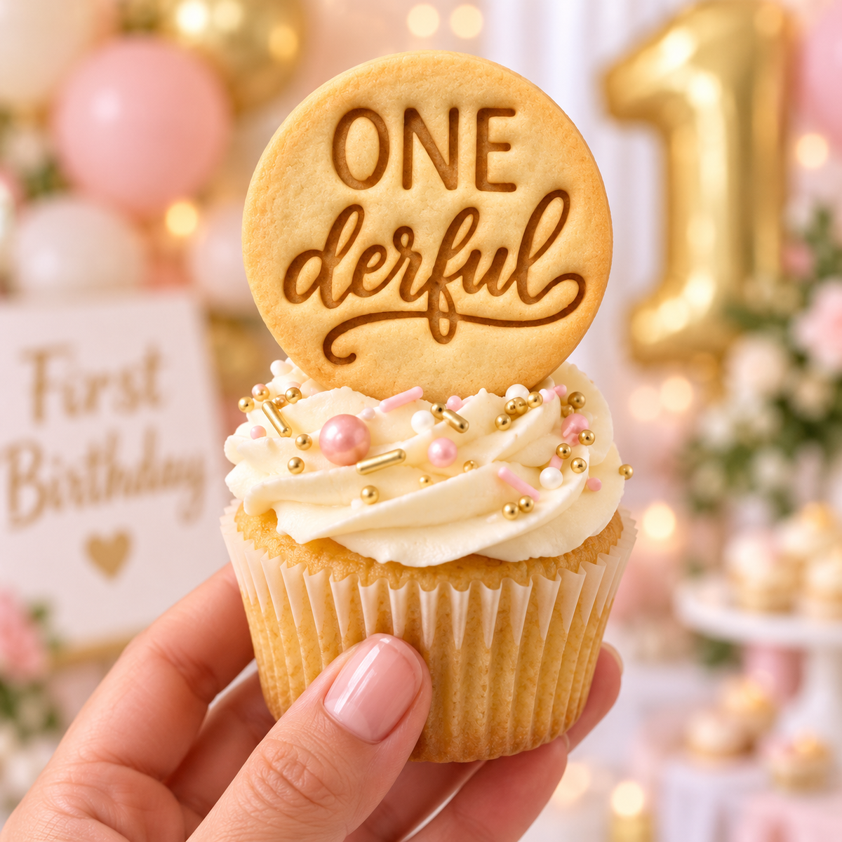 ONEderful mini cookie topper on first birthday cupcake