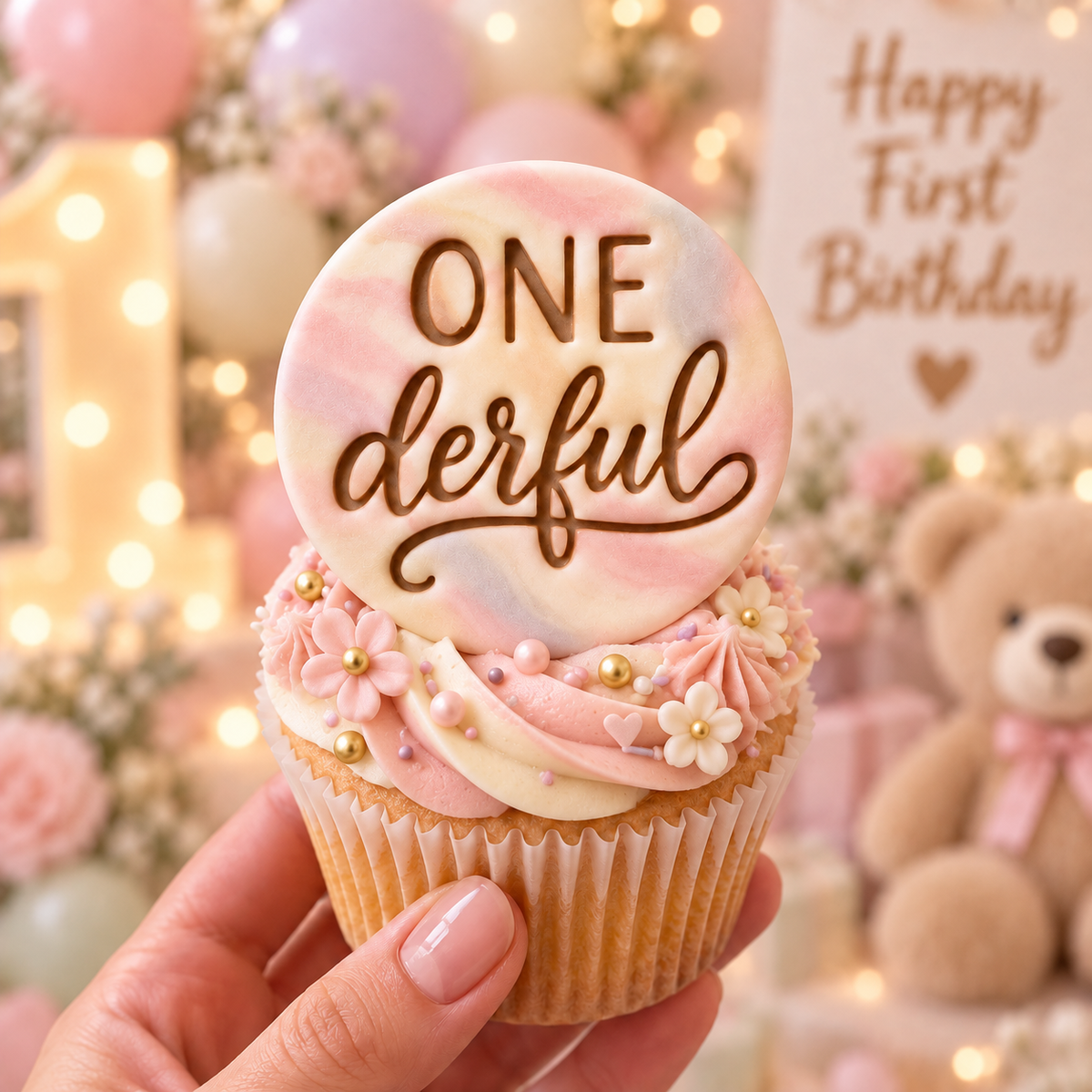ONEderful pink fondant cupcake topper for turning one party
