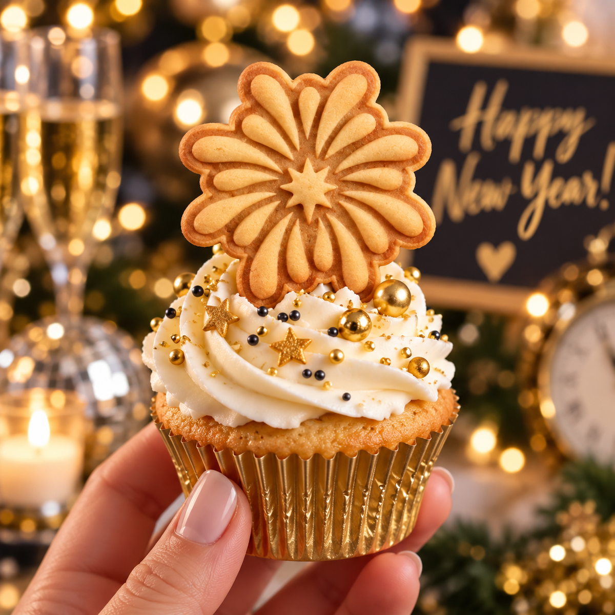 Starburst firework cookie topper on cupcake for New Year party