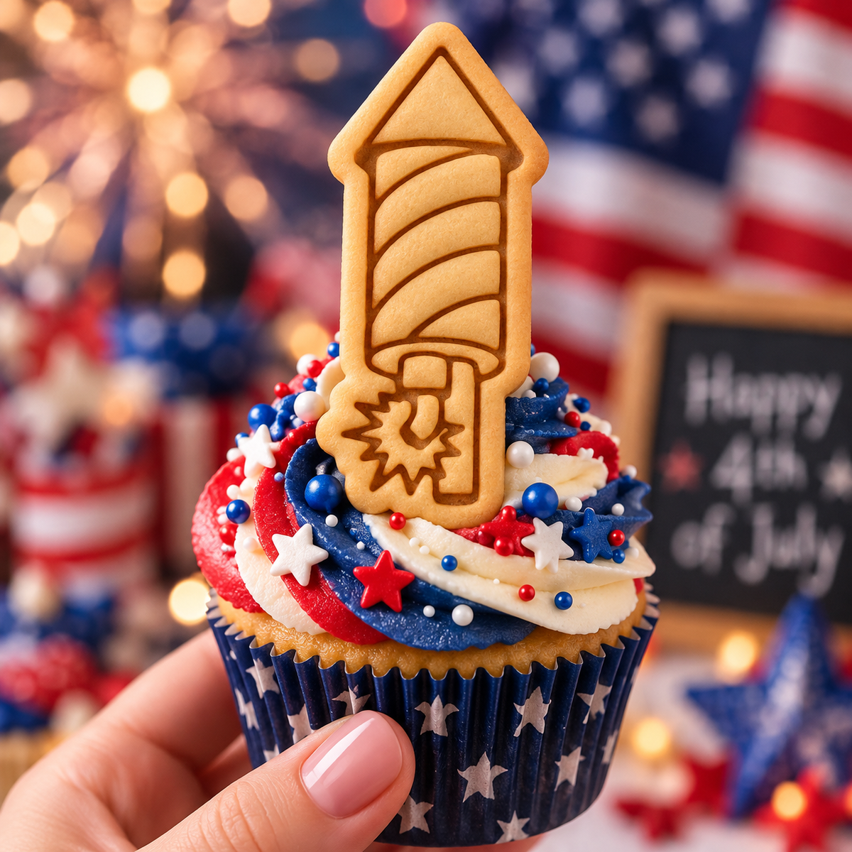 Rocket firework mini cookie topper on red white and blue 4th July cupcake