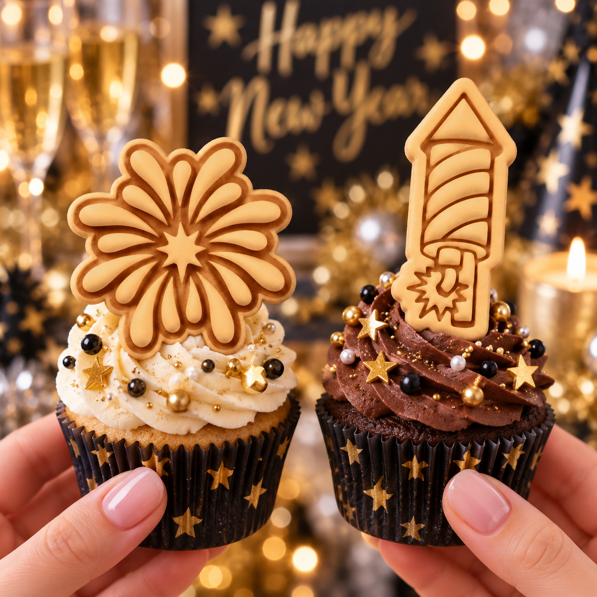 Starburst and Rocket Firework cookie toppers on New Year cupcakes