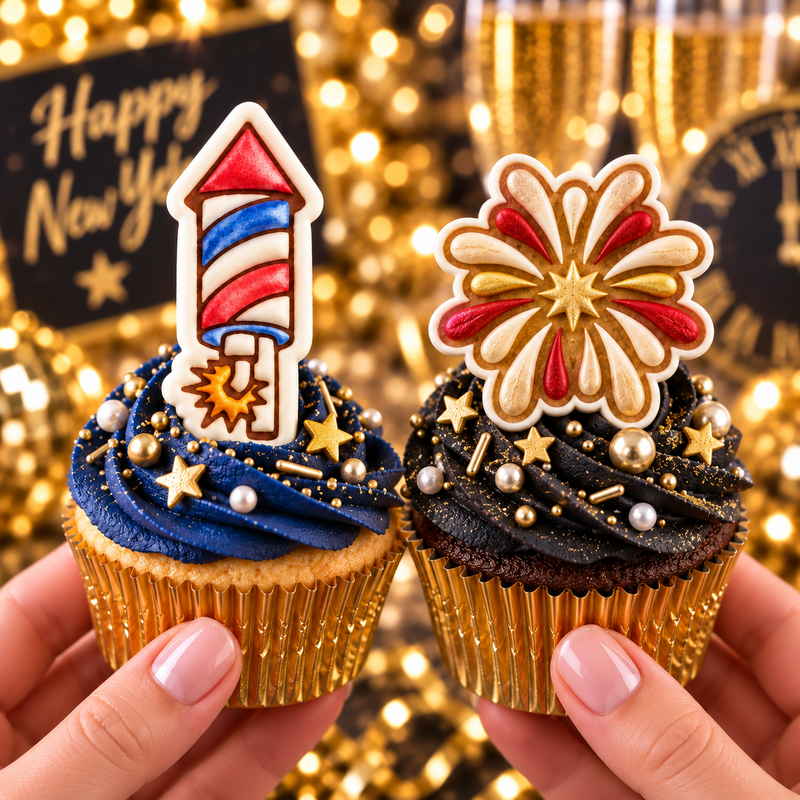 Decorated starburst and rocket firework fondant toppers on festive cupcakes