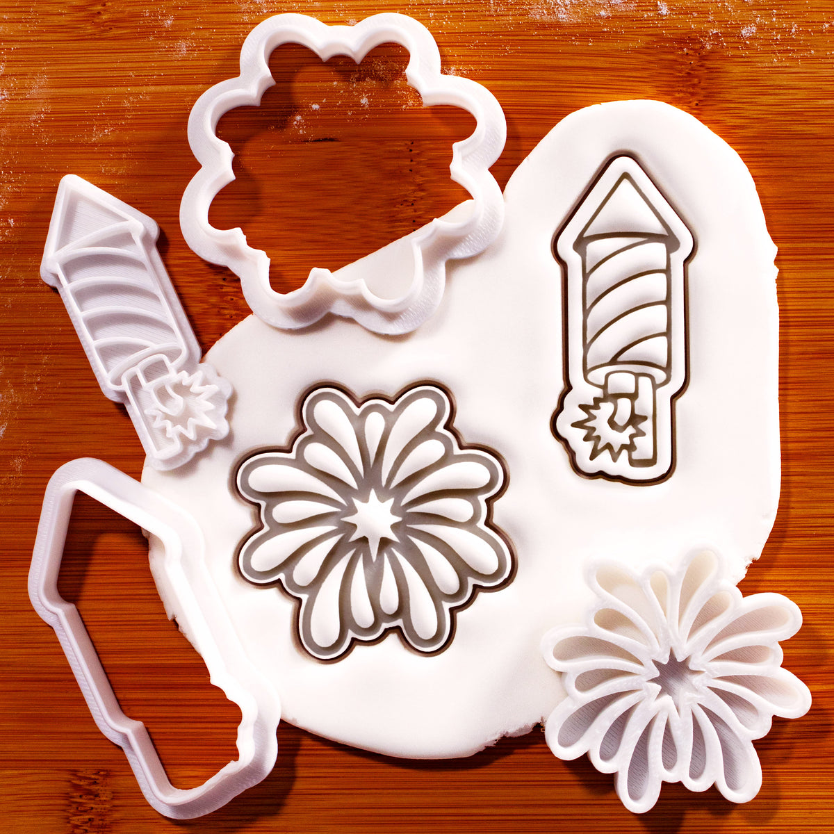 Starburst and Rocket Firework mini cookie cutter and stamp set with fondant impressions