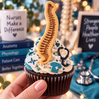 Human spine cookie topper on medical themed cupcake with nursing decorations