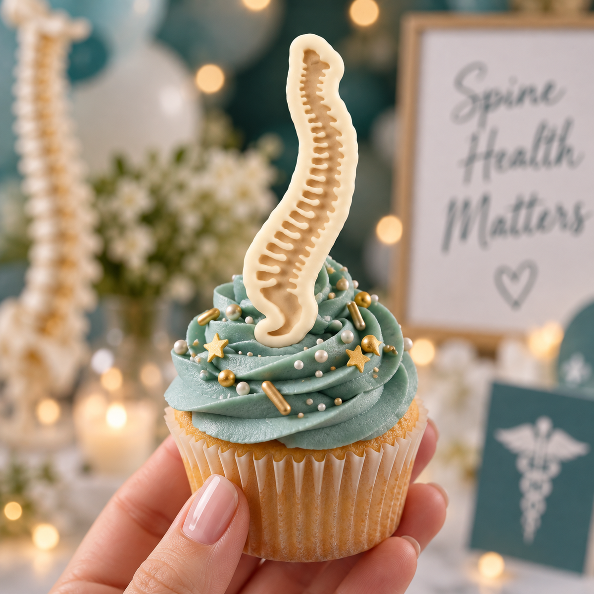 Human spine fondant topper on cupcake for anatomy or healthcare theme
