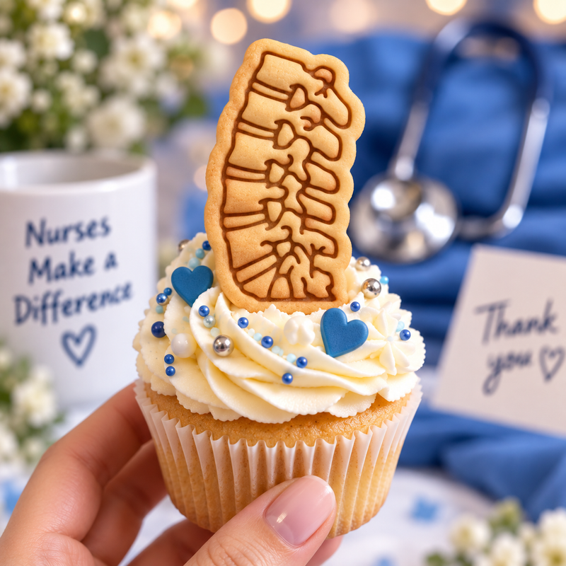 Lumbar spine cookie topper on nursing and healthcare themed cupcake