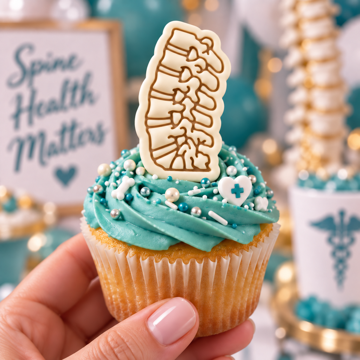 Lumbar spine fondant topper on medical cupcake for spine health theme