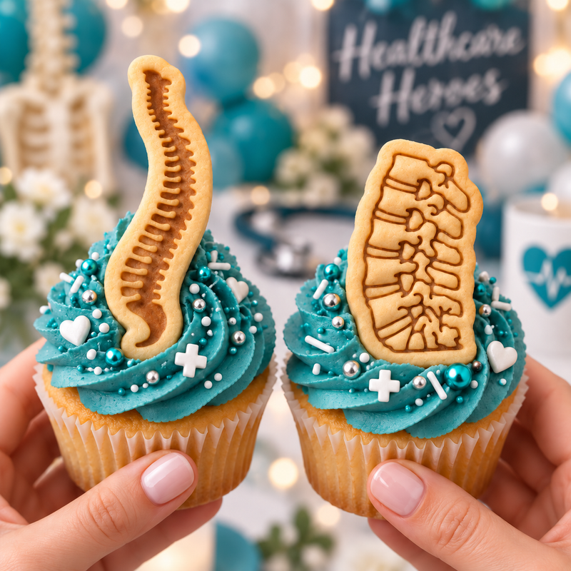 Spine and lumbar cookie toppers on medical themed cupcakes