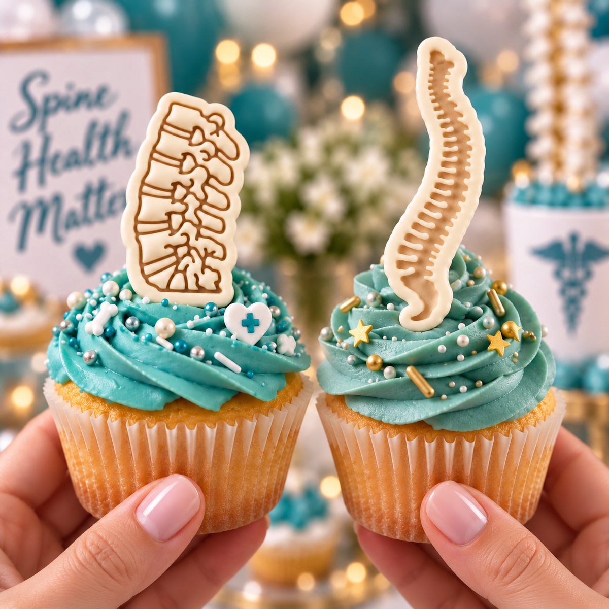 Lumbar and spine cookie toppers on anatomy cupcakes with healthcare decor
