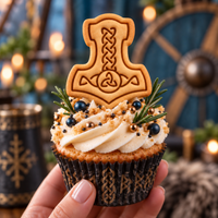 Mjolnir cookie cupcake topper with Norse knotwork for Viking themed baking