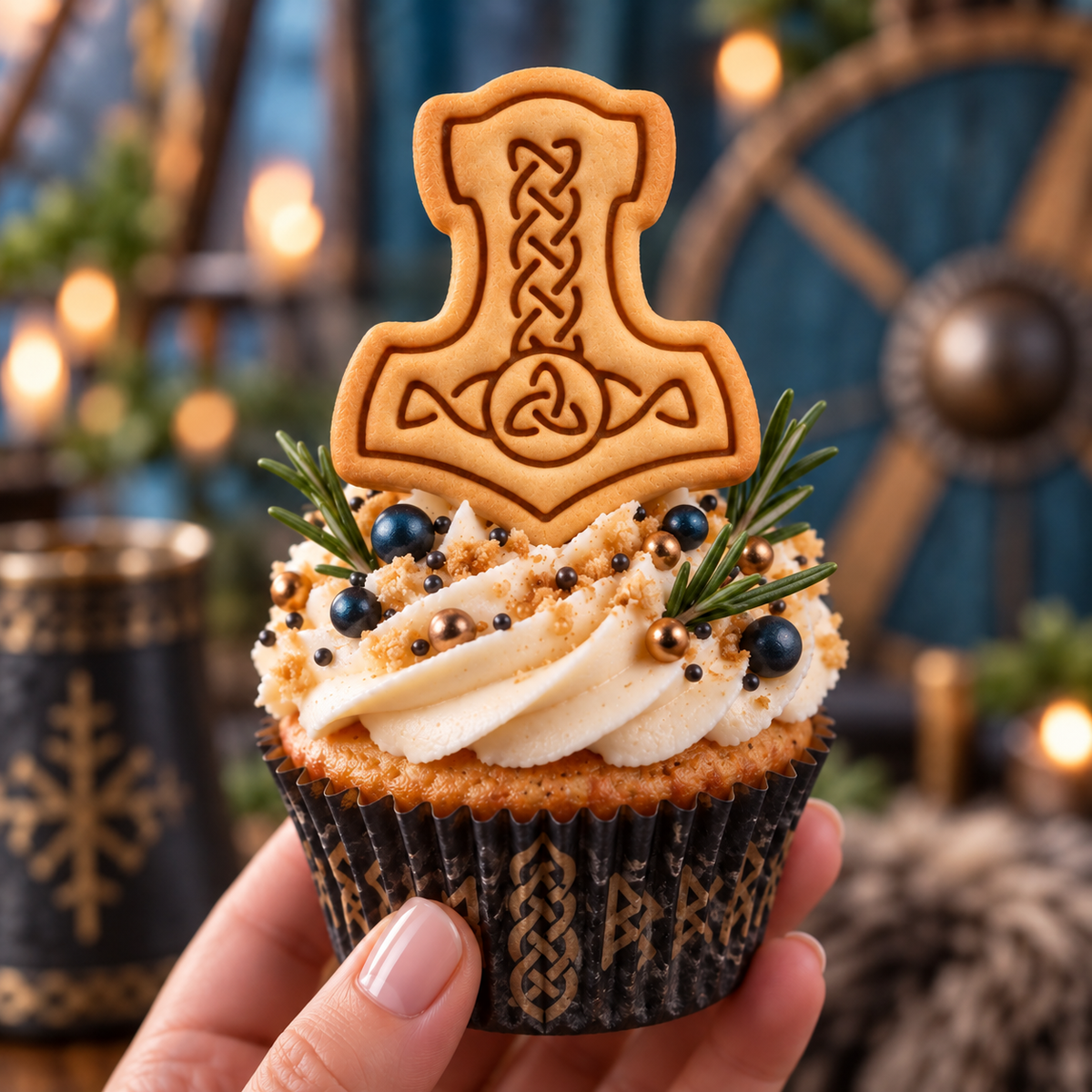 Mjolnir cookie cupcake topper with Norse knotwork for Viking themed baking
