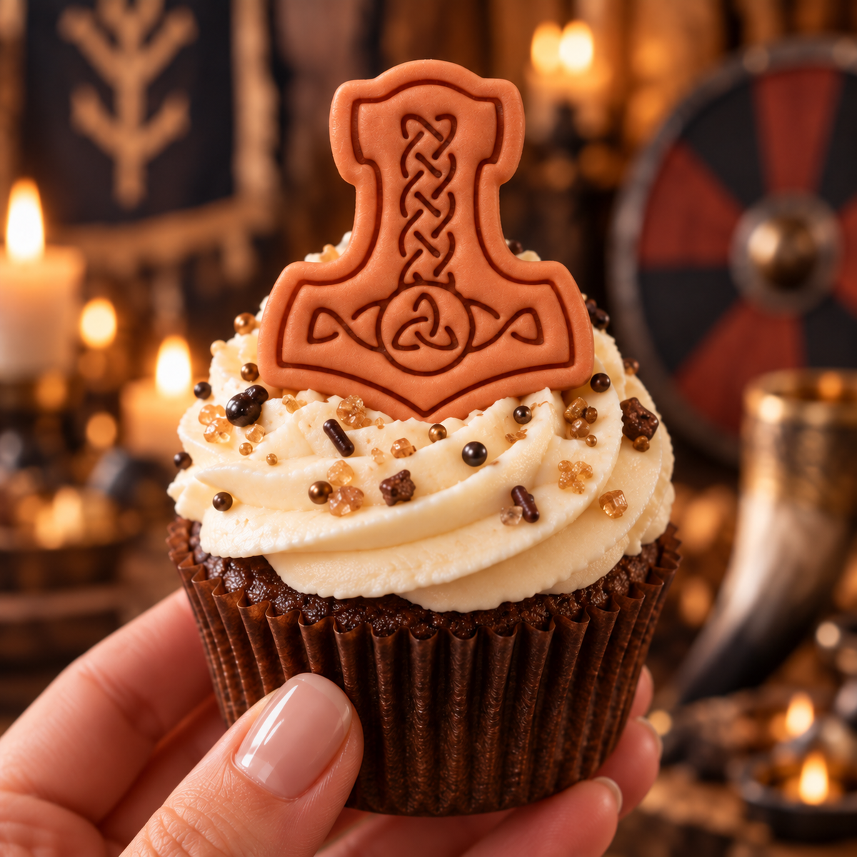 Mjolnir fondant cupcake topper with Celtic knotwork at Viking themed party