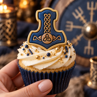 Blue and gold Mjolnir fondant cupcake topper with Norse Celtic knot design