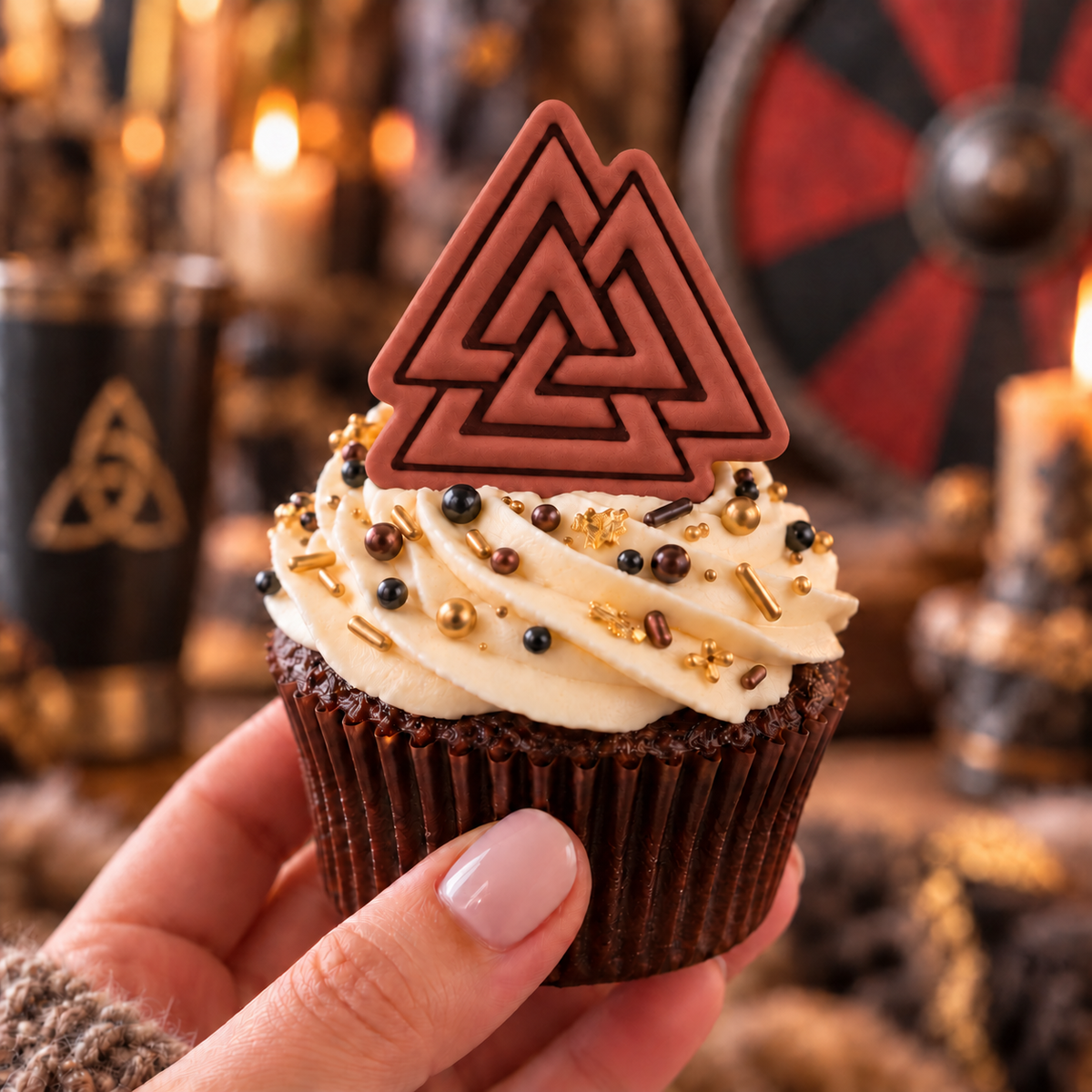 Valknut cupcake topper in terracotta fondant for Viking themed baking