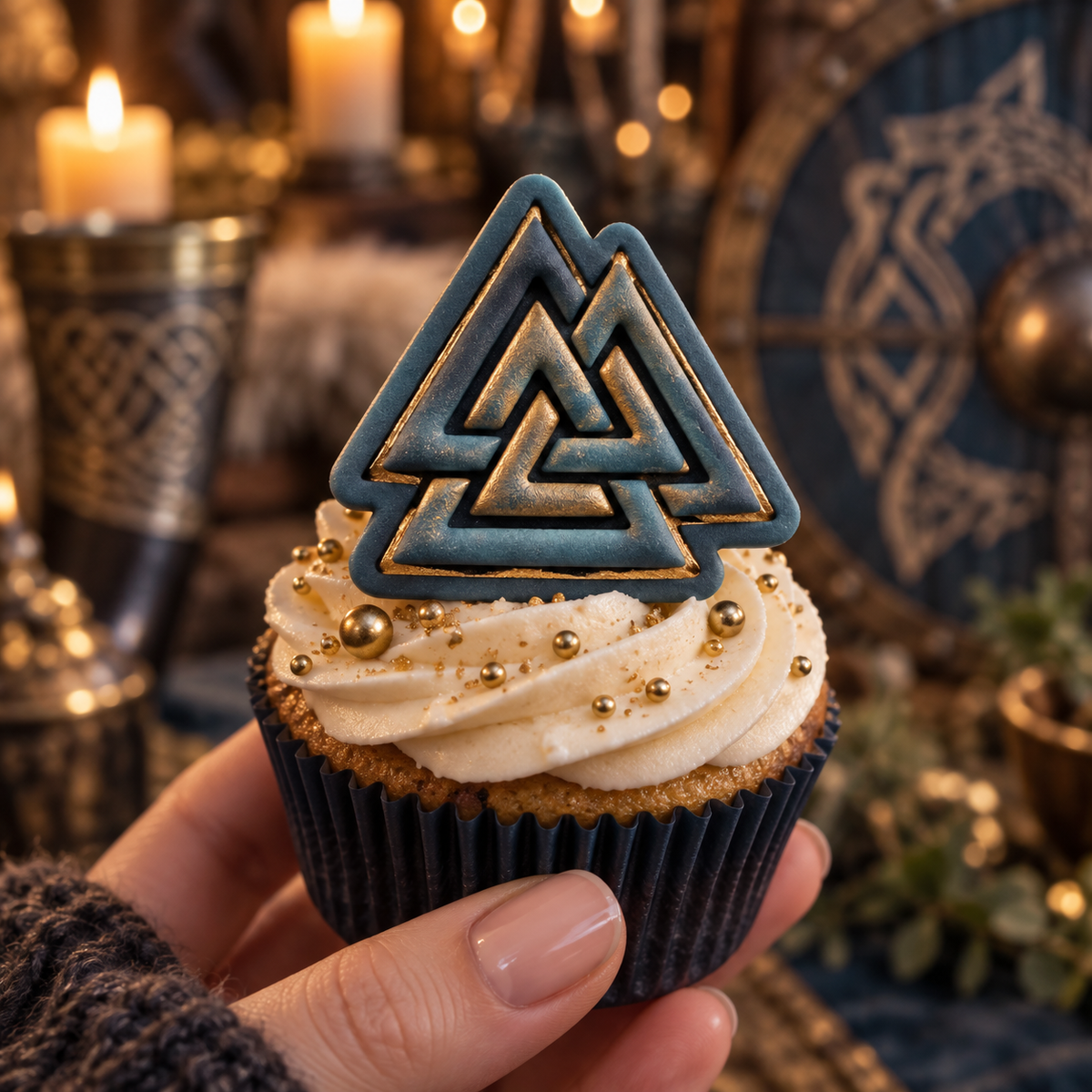 Blue and gold Valknut fondant cupcake topper with Viking inspired design