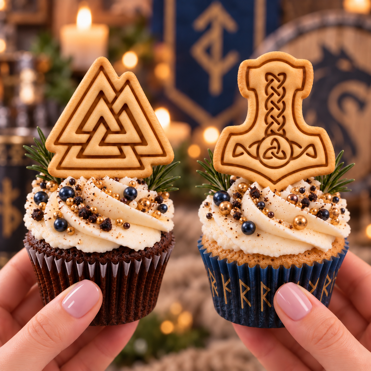 Mjolnir and Valknut mini cookie toppers on Viking themed cupcakes with cream frosting and Nordic party styling