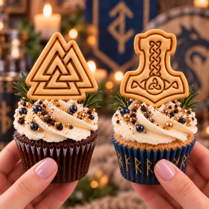 Mjolnir and Valknut mini cookie toppers on Viking themed cupcakes with cream frosting and Nordic party styling