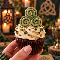 Green Triskelion fondant cupcake topper with gold details for Celtic Irish pagan themed baking