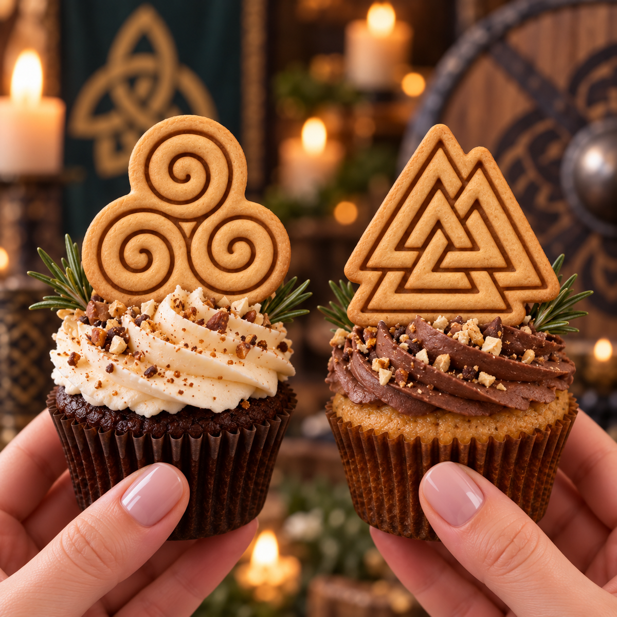 Triskelion and Valknut cookie cupcake toppers for Celtic and Norse themed baking