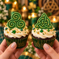 Green fondant Triskelion and Triquetra cupcake toppers for Celtic themed baking