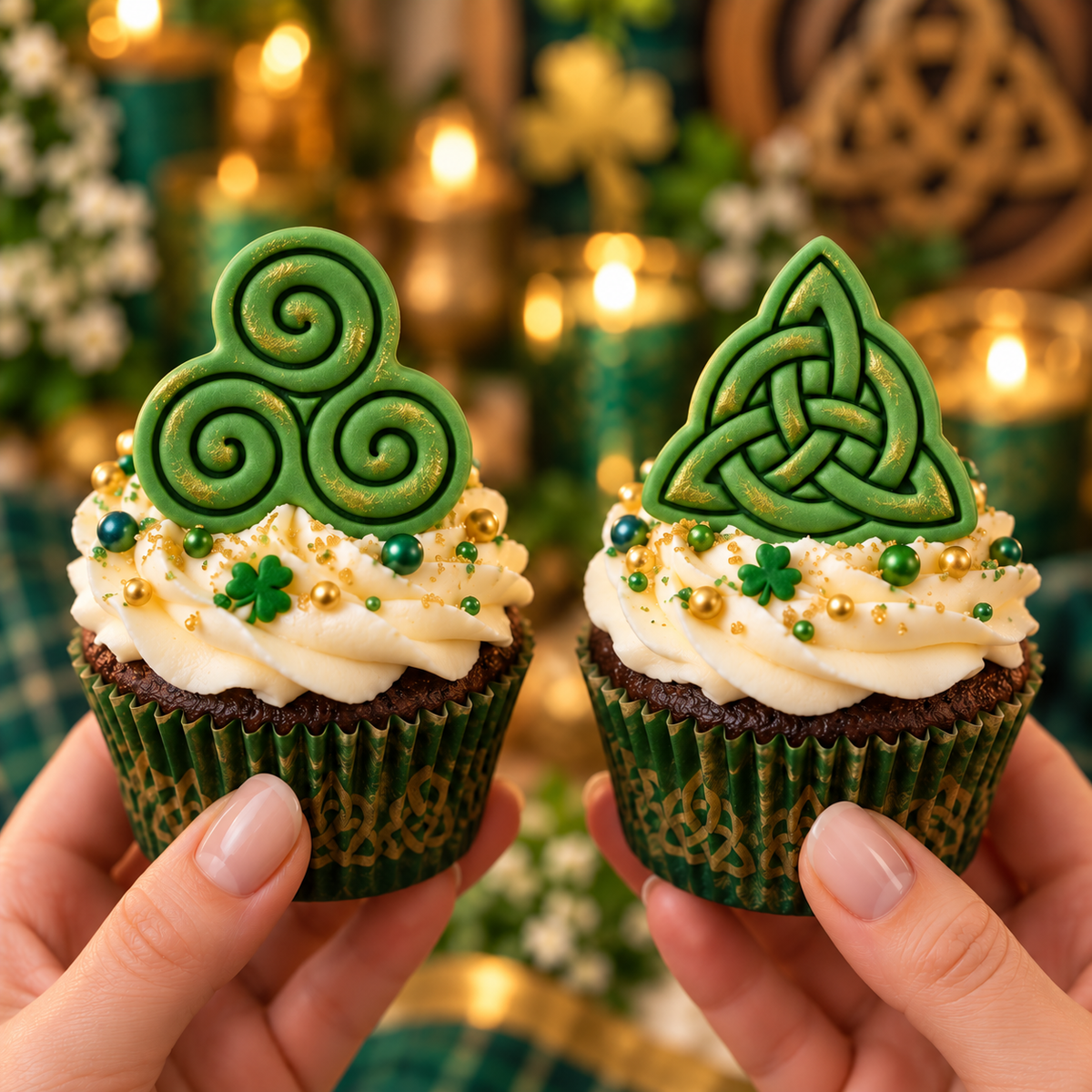 Green fondant Triskelion and Triquetra cupcake toppers for Celtic themed baking