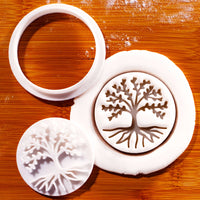 Tree of Life mini cookie cutter and stamp with detailed roots and branches impressed in fondant