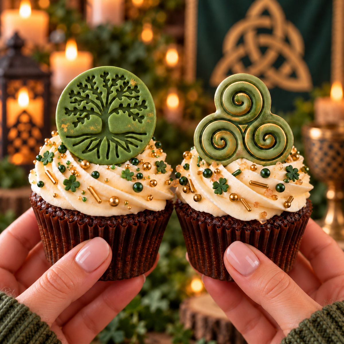 Green Tree of Life and Triskelion fondant cupcake toppers with Celtic themed decorations
