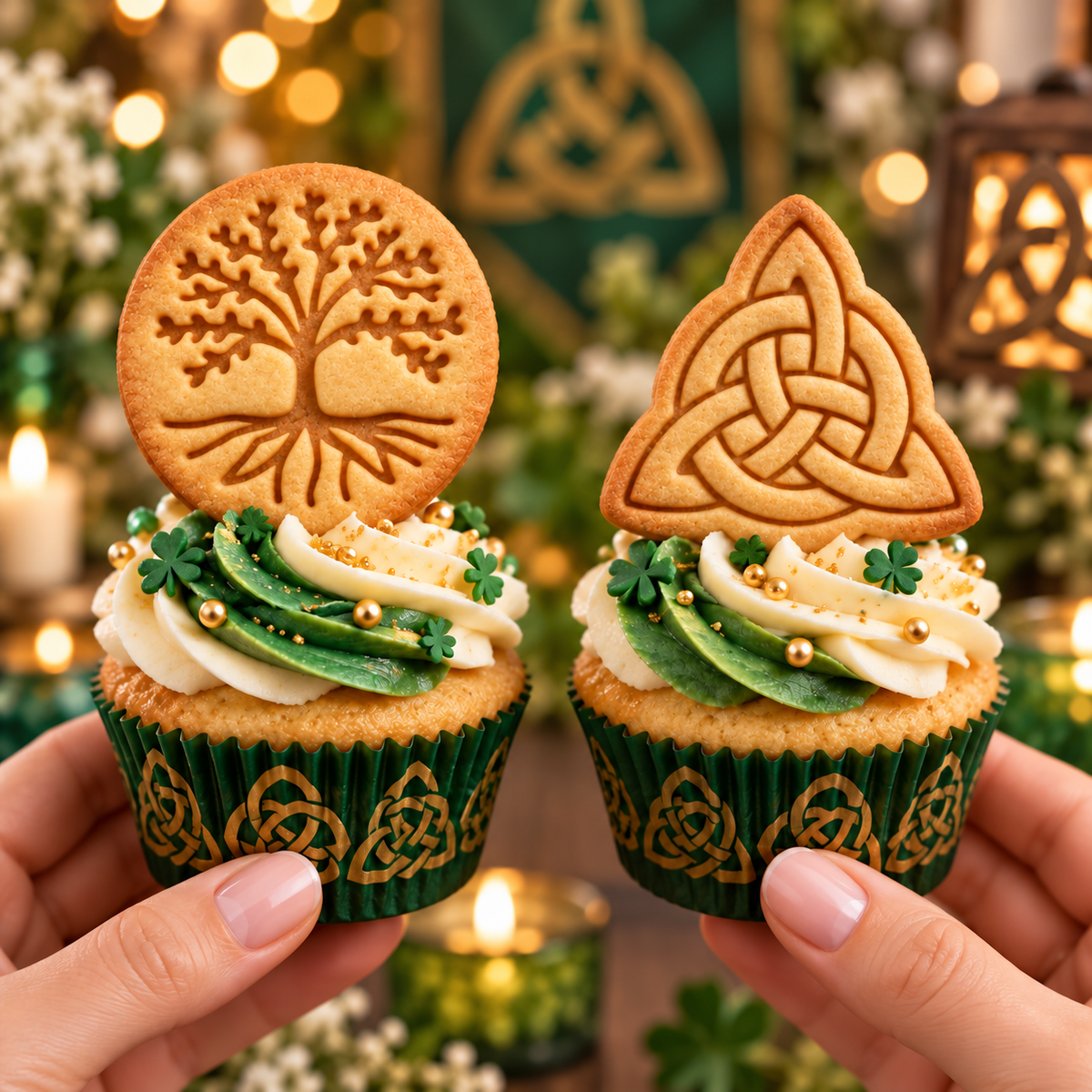 Tree of Life and Triquetra cookie cupcake toppers for Celtic themed baking and Irish celebrations