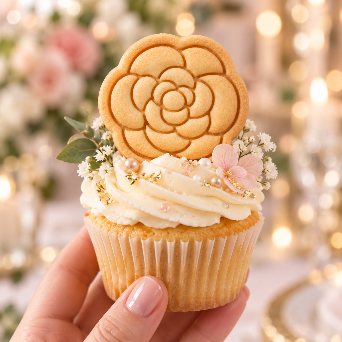 Camellia flower cookie cupcake topper for wedding and floral party baking
