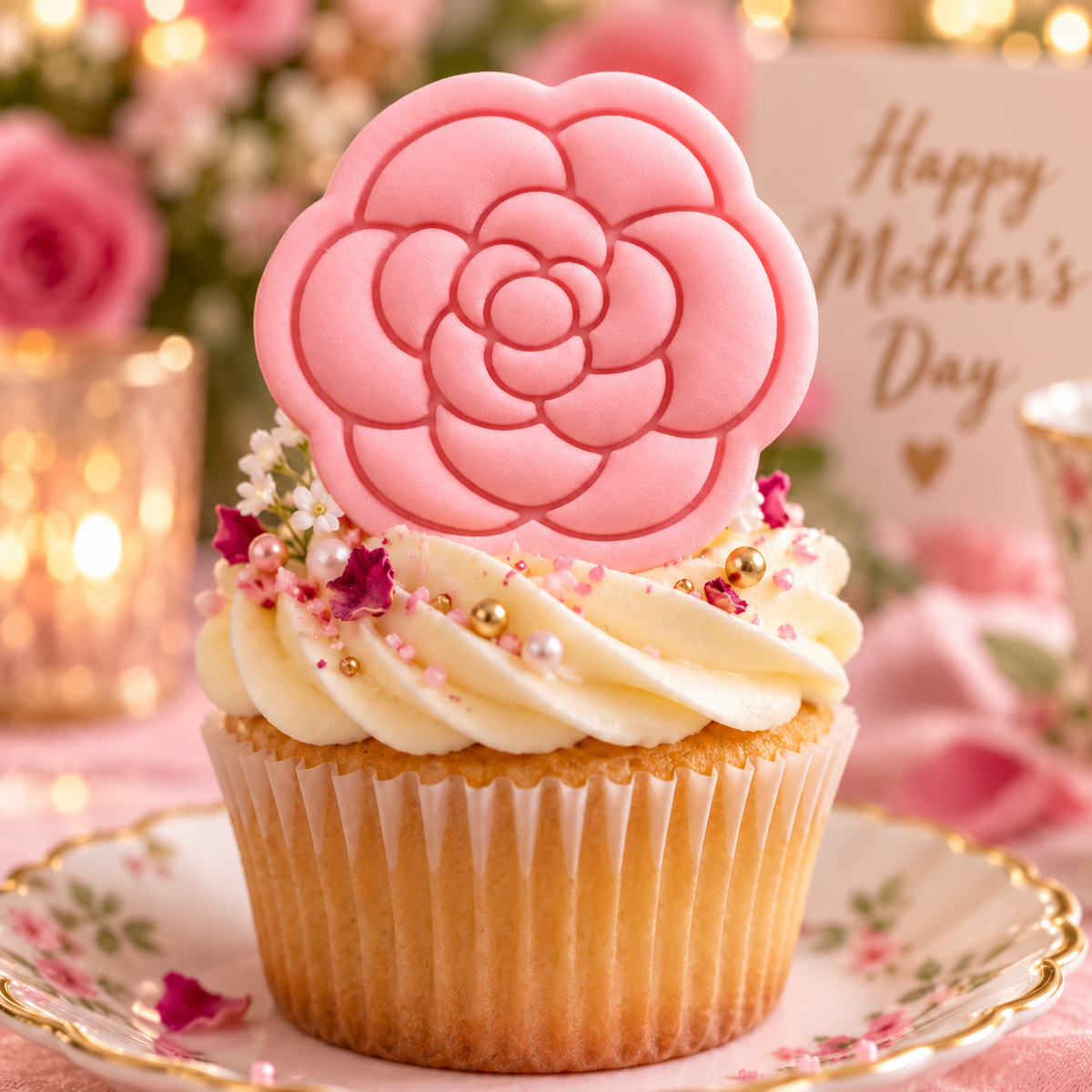 Pink Camellia fondant cupcake topper for Mother’s Day and feminine baking
