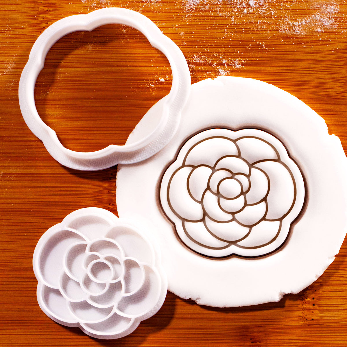 Simple Camellia mini cookie cutter and stamp with floral fondant impression