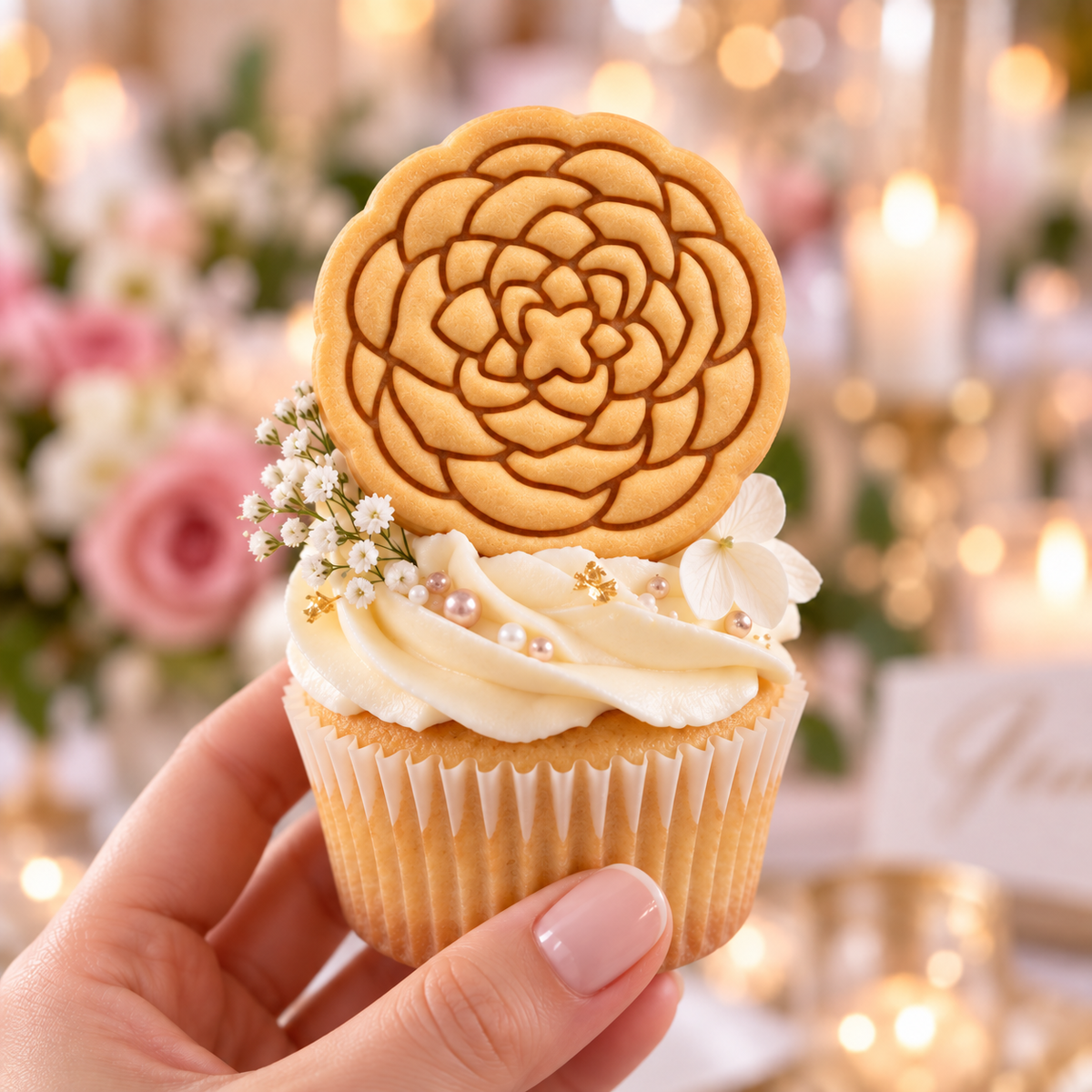 Detailed Camellia cupcake topper cookie for wedding and elegant floral baking