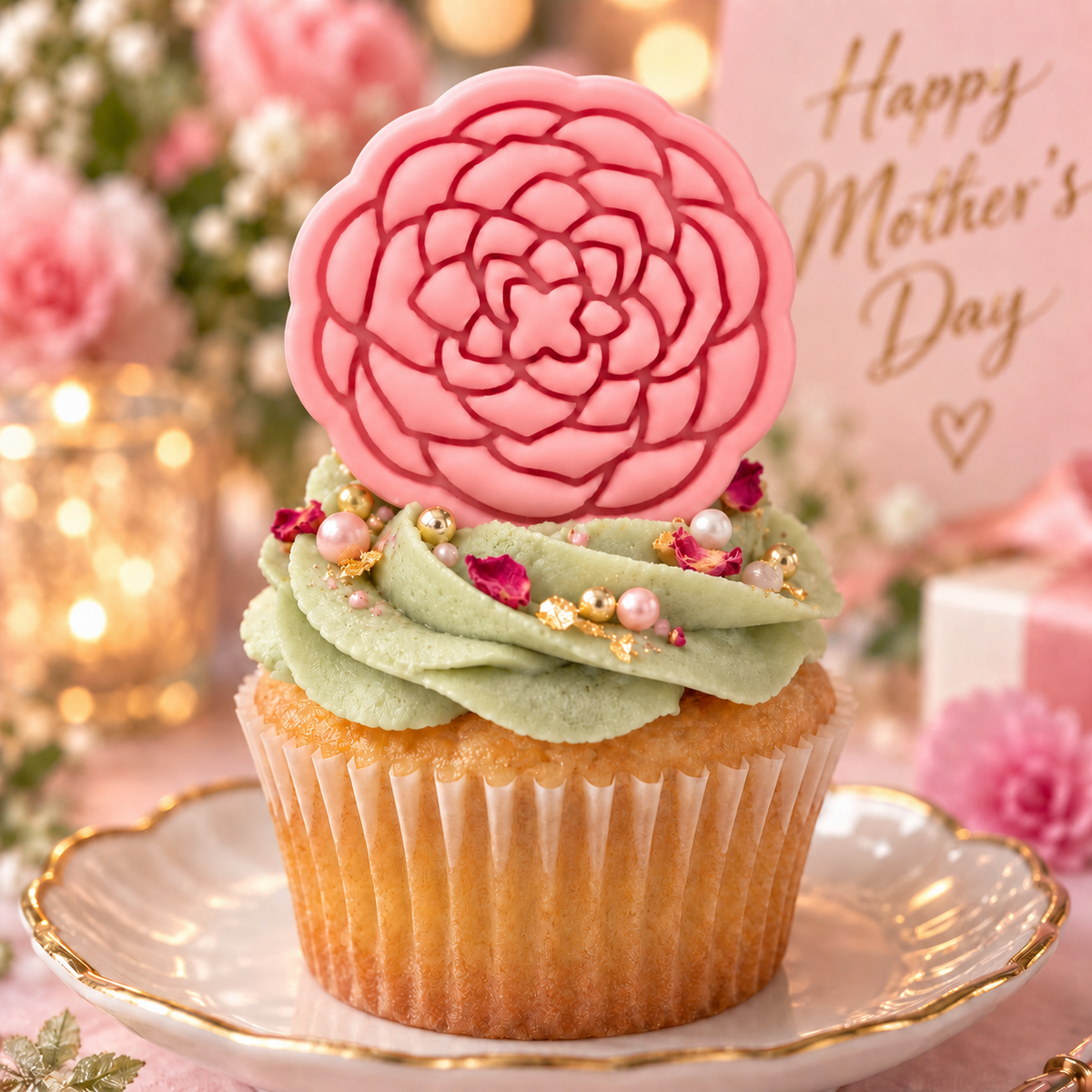 Pink detailed Camellia fondant topper on cupcake for Mother’s Day celebration