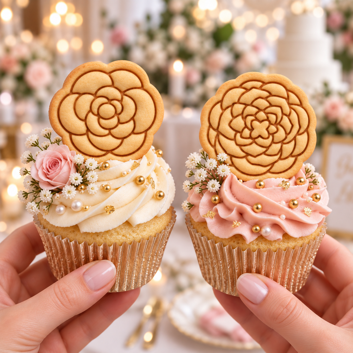 Simple and detailed Camellia flower cookies on cupcakes for wedding baking