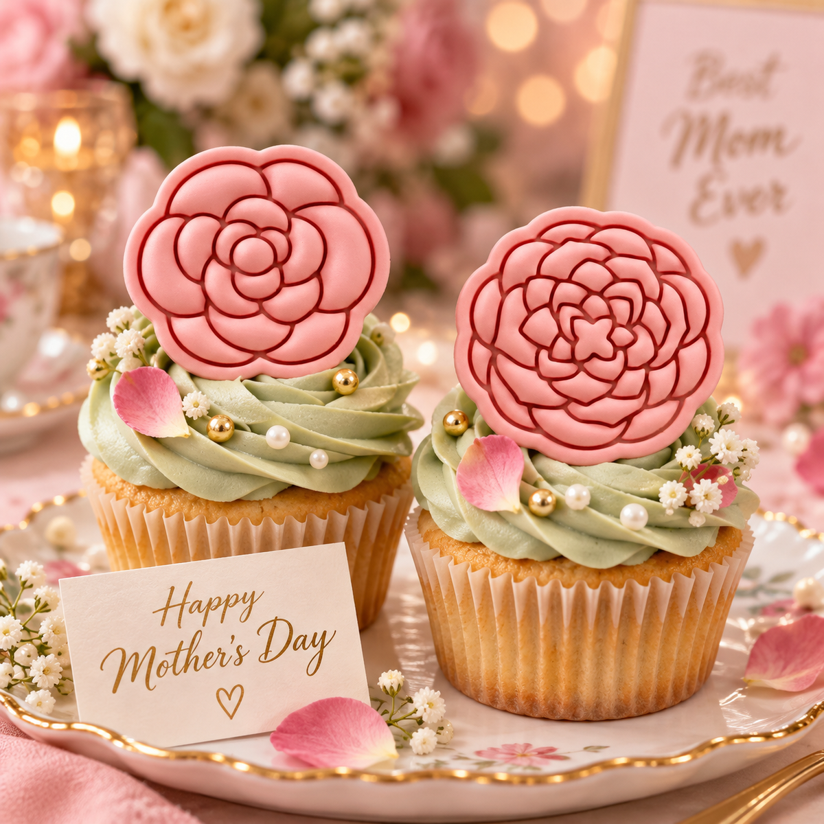 Pink Simple and Detailed Camellia fondant cupcake toppers for Mother’s Day