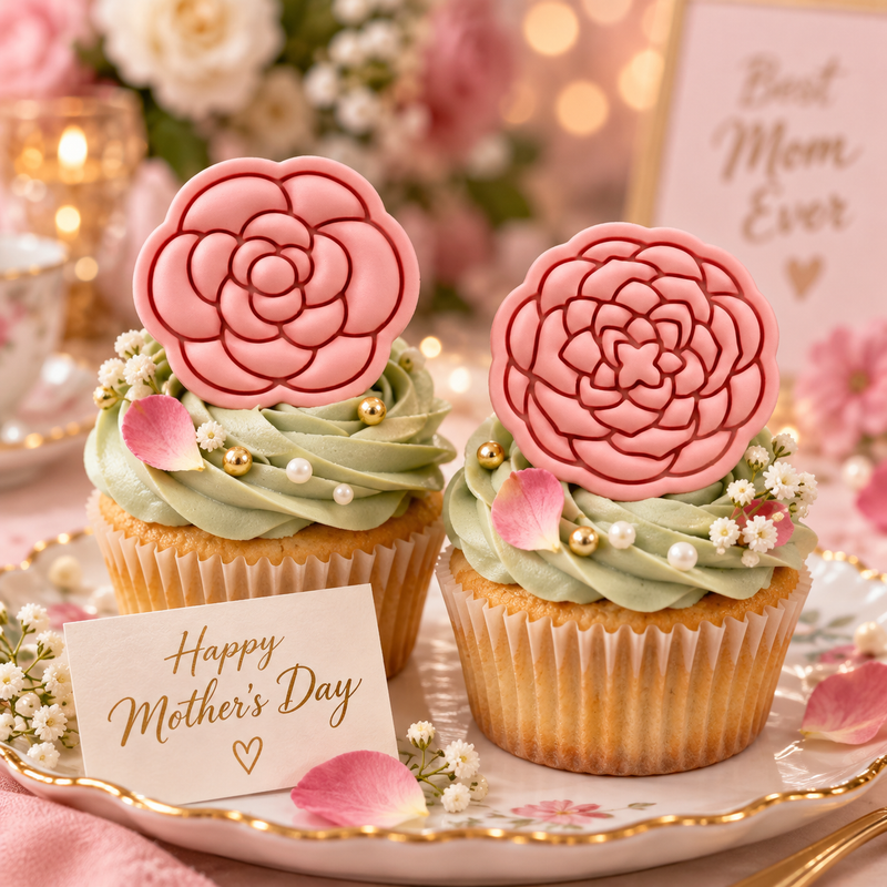 Pink Simple and Detailed Camellia fondant cupcake toppers for Mother’s Day