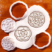 Simple and Detailed Camellia mini cookie cutter and stamp set pressed in fondant