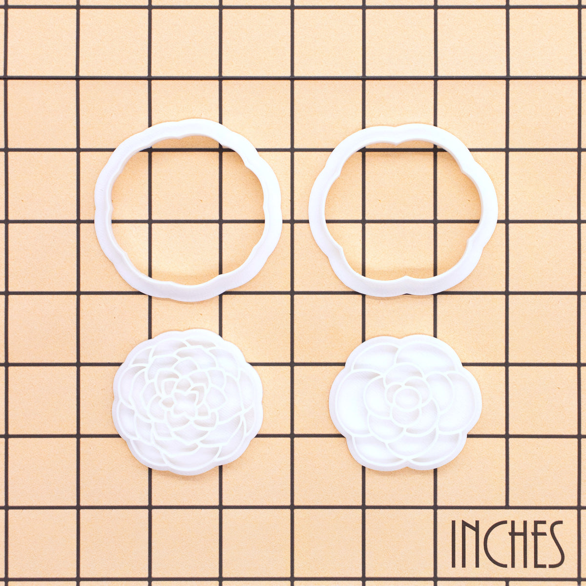 Set of 2 Simple and Detailed Camellia flower cookie cutters and stamps on inch grid