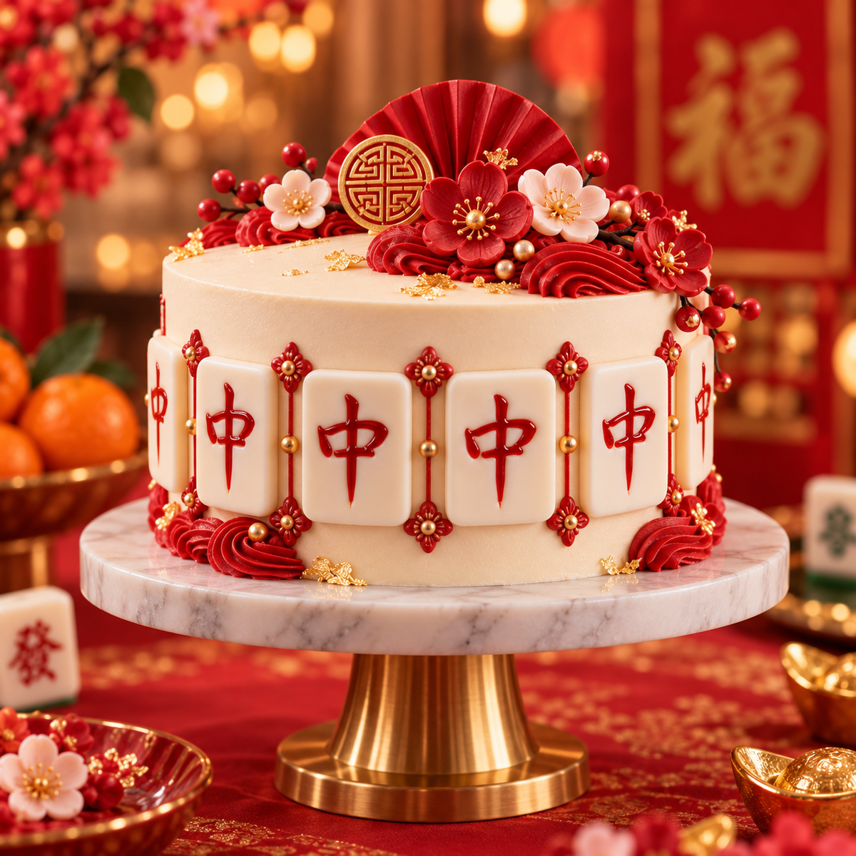 Chinese New Year cake decorated with Red Dragon 中 mahjong tile toppers
