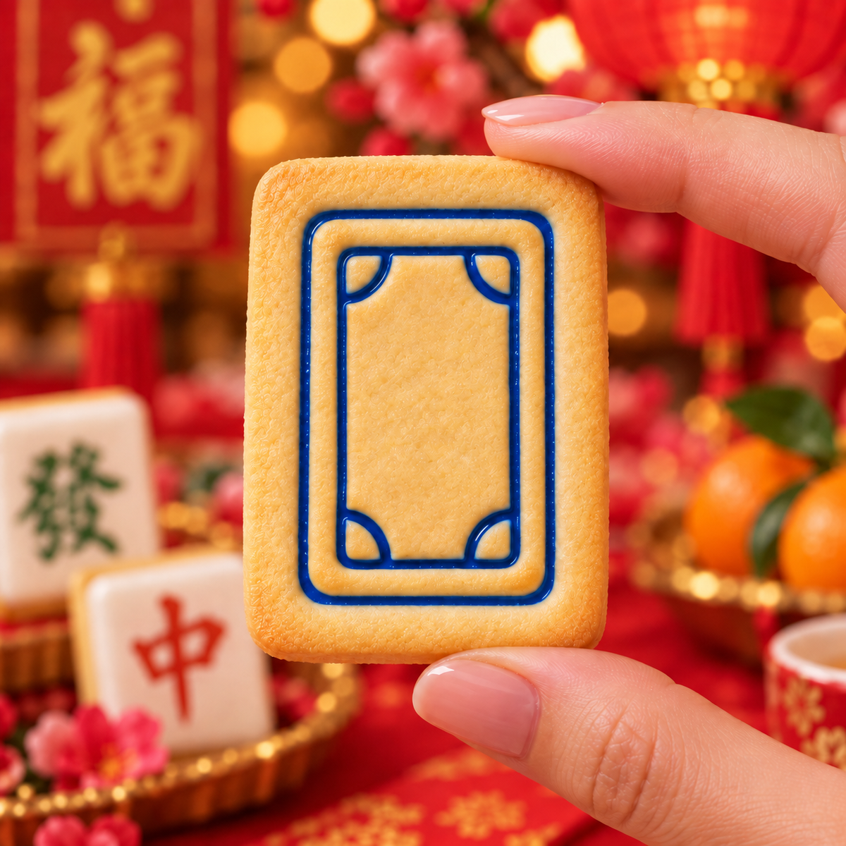 White Dragon mahjong cookie decorated with blue icing for Lunar New Year