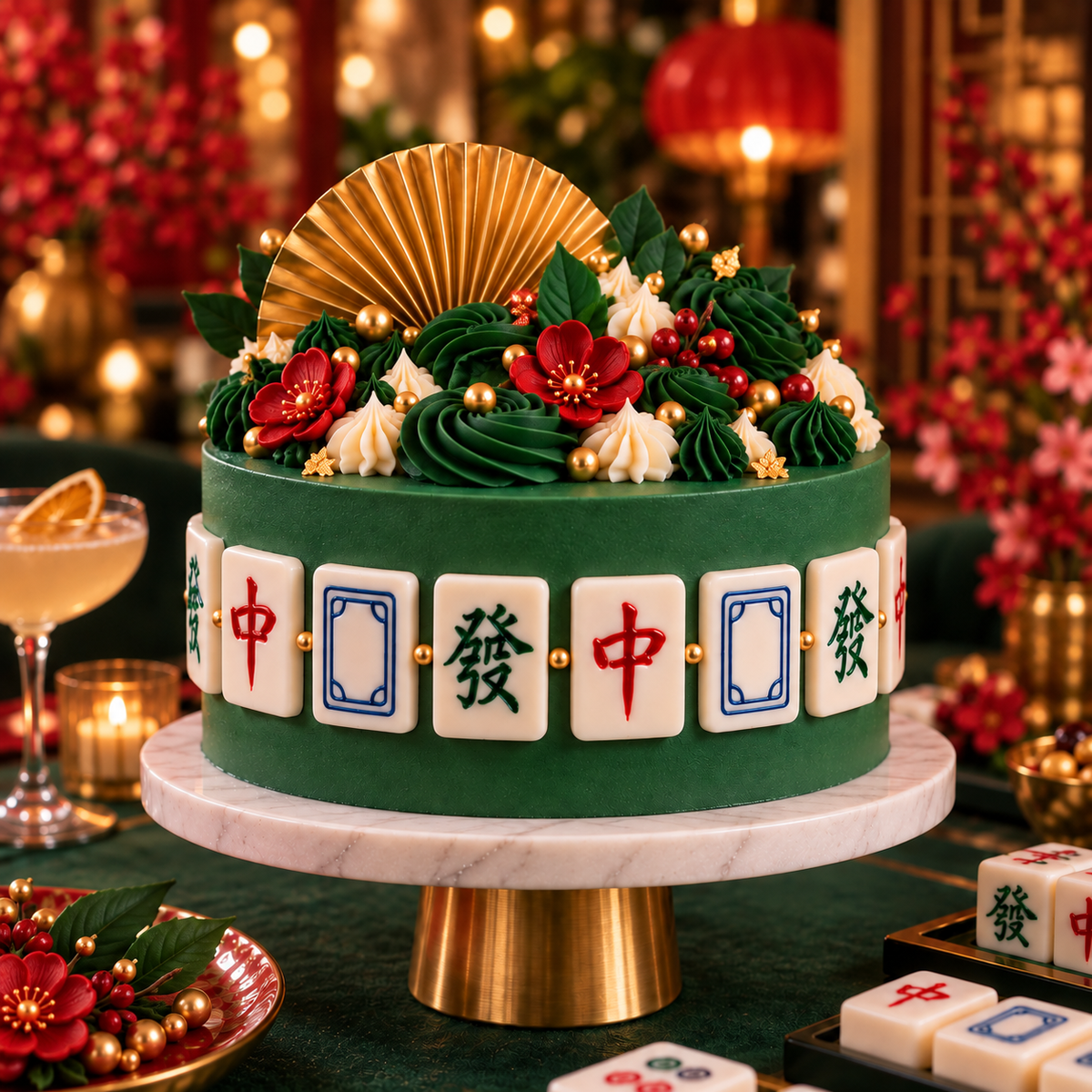 Mahjong themed cake decorated with Red Dragon, Green Dragon and White Dragon tile toppers