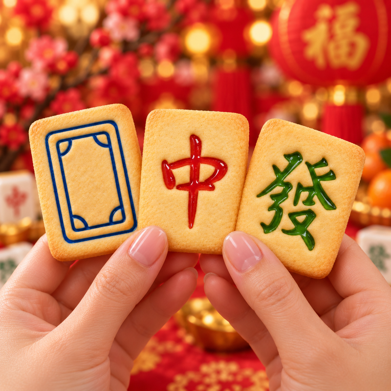 Three decorated mahjong cookies with red, green and blue icing held in hands