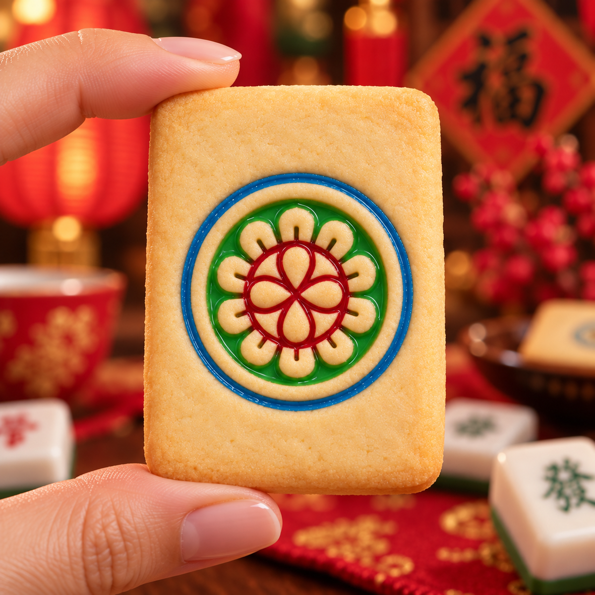 Large 1 Circle mahjong tile cookie decorated with blue green and red icing