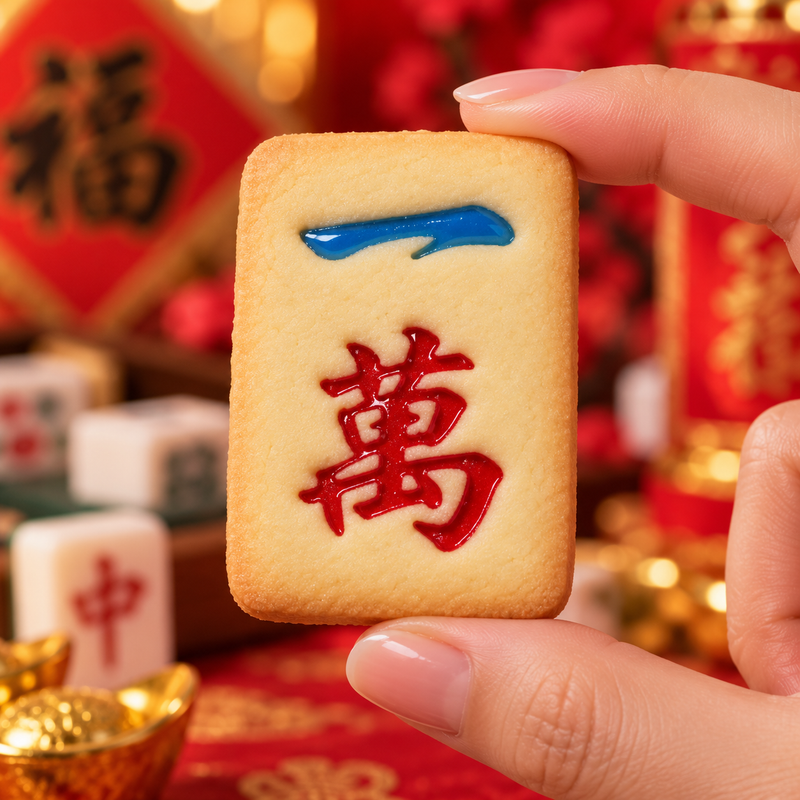 Large 一萬 One Wan mahjong cookie decorated with blue and red icing