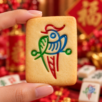 Large 1 Bamboo mahjong cookie decorated with red green and blue icing