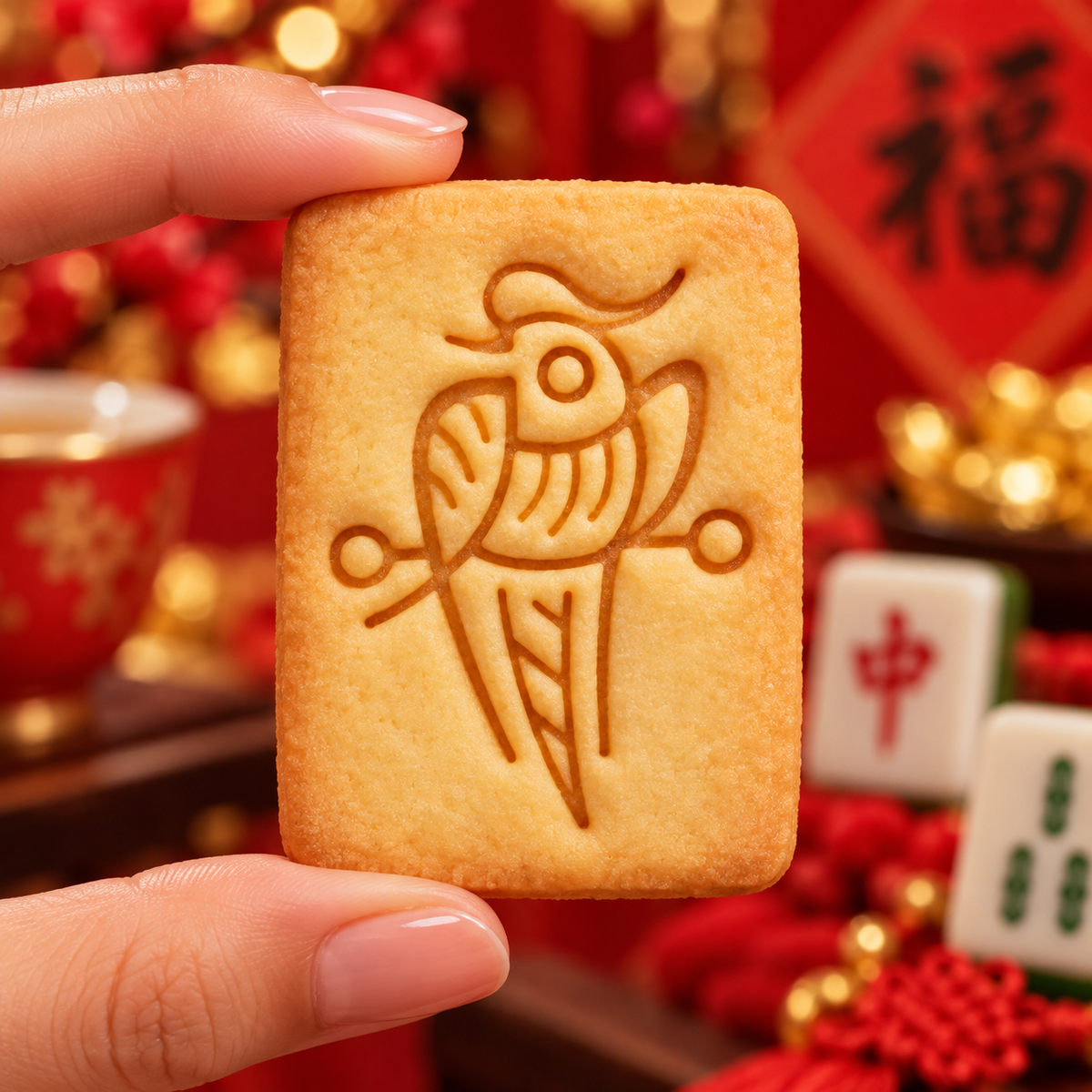 Large 1 Bamboo mahjong cookie with bird design for Lunar New Year