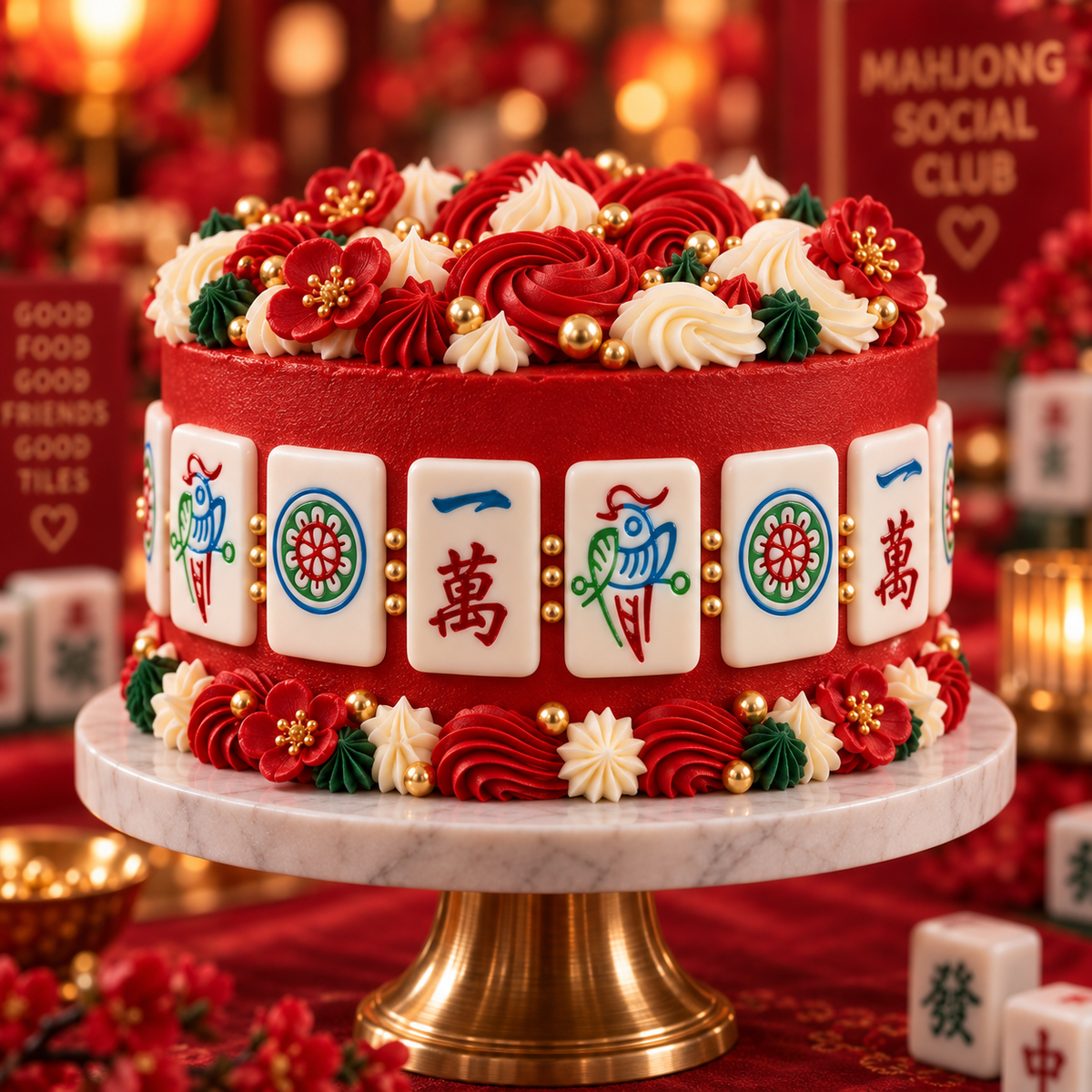 Mahjong themed cake decorated with large 1 Circle 1 Character and 1 Bamboo tile toppers