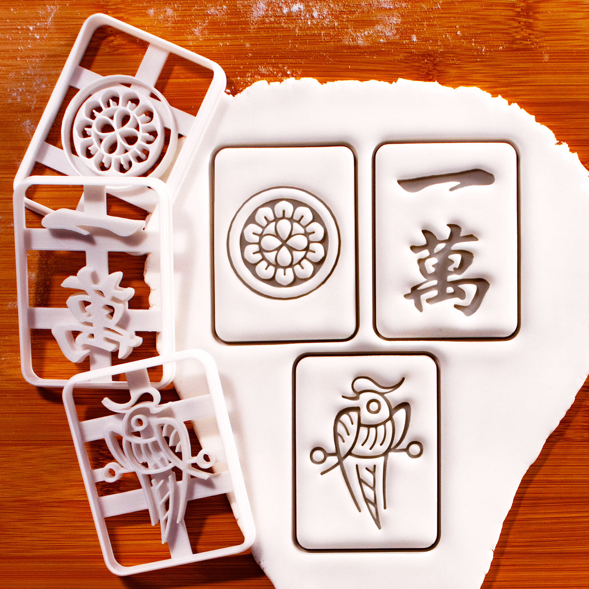 Large set of 3 mahjong cookie cutters with 1 Circle 1 Character and 1 Bamboo designs