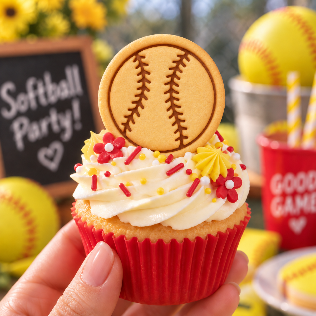 Softball mini cookie topper with embossed stitching on sports themed cupcake