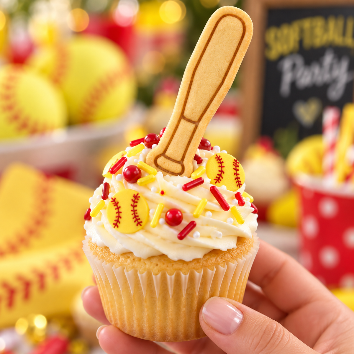 Softball bat mini cookie topper on sports themed cupcake with white frosting